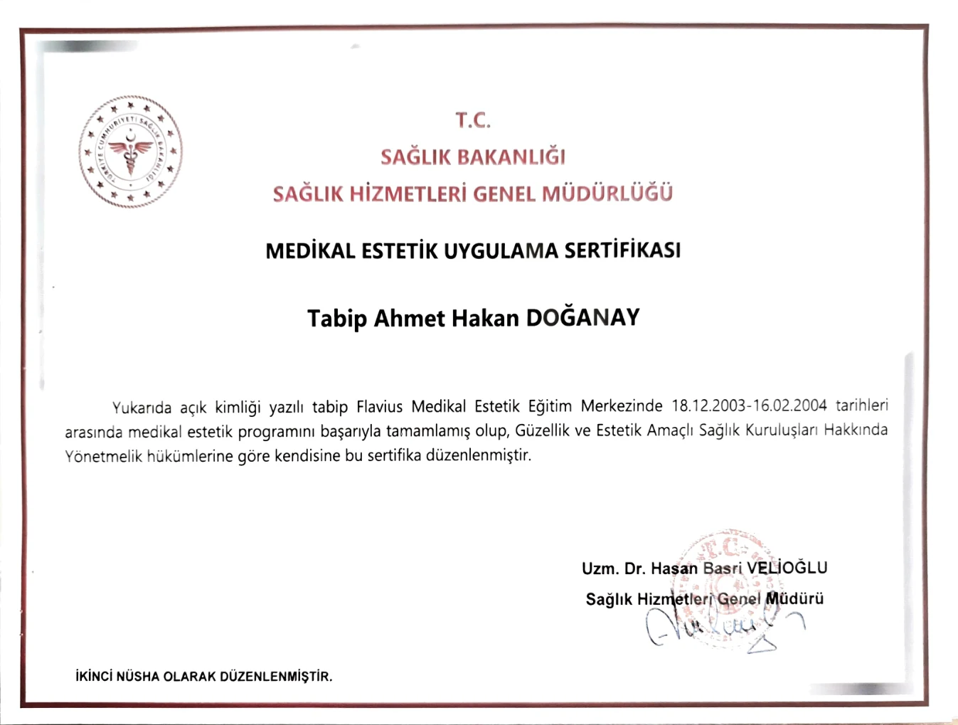 Medikal Estetik Uygulama Sertifikası — Dr. Ahmet Hakan Doğanay